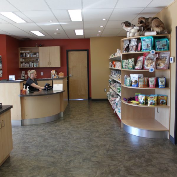 The L-shaped reception desk has two sides for check-in and check-out, both fitted with cleats for your dog's leash. Prescription diets are stocked in the shelf right beside the reception desk, larger food bags are kept in the front storage room, just ask our receptionist.